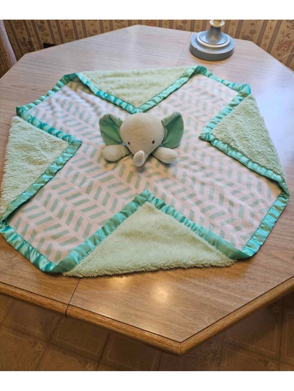 "Cloud Island" Lovey Blanket in Mint Green, with Plush Elephant and Satin Trim